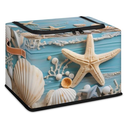 Ocean Shells Starfish Storage Bins With Zipper Lid, Collapsible Trunk Organizer, Car Organizers and Storage Bins with Lids, Decorative Storage Boxes with Handle, Home Storage Baskets for Organizing - color: Sea Shells Starfish