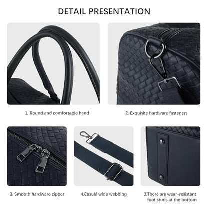 Weekender Bags for Women Woven Leather Travel Duffle Bag with Shoe Compartment, Carry On Garment Bag for Men Women, Large Capacity Water-resistant Gym Tote (Dark Blue) - color: Dark Blue