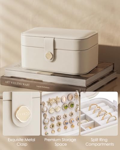 VLANDO Travel Jewelry Case, 2-Layer Jewelry Box, Portabel Travel Organizer for Necklaces, Earring, Bracelets, Ring, Watch - Large Capacity Travel Jewelry Storage - Cloud White - color: A.Beige-2 Layer