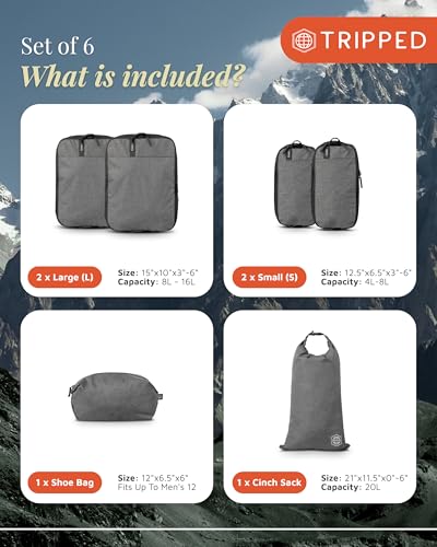 Compression Packing Cubes for Travel by TRIPPED – 6-Piece Premium Set with Laundry & Shoe Bag, Space Saving Travel Organizer Bags for Suitcase & Carry-On Luggage (Grey) - color: Grey - 6 Piece