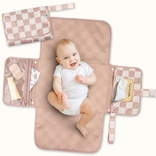 Tiny Twinkle Portable Diaper Changing Pad | Waterproof, Wipeable & Compact Baby Changing Pad for Travel | Smart Wipes Pocket & Organized Storage| Newborn Shower Gift (Beige Checkers) - color: Beige Checkers