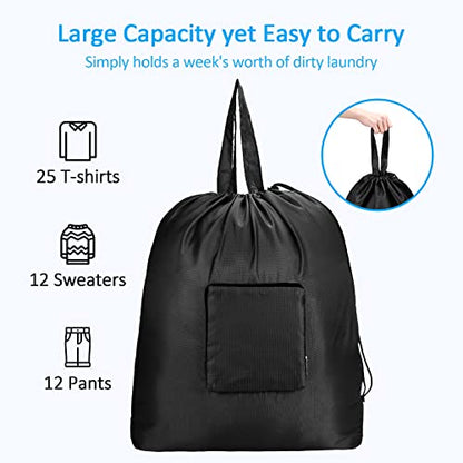 GOGOODA Travel Laundry Bags with Drawstring Closure XL Large Foldable Dirty Clothes bags with Handle Heavy Duty and Washable for College Dorm Travelling Camping, 2 Pack, Black & Dark Blue - color: Black & Dark Blue