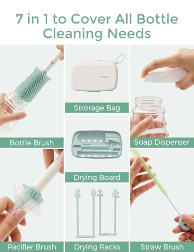 Momcozy Bottle Brush Set - Baby Bottle Cleaner Kit with Silicone Brush, Nipple Brush, Straw Brush, Soap Dispenser, Drying Rack - 7 in 1 Bottle Cleaning Tool for Home and Travel, Green - color: Green, size: Classic Style