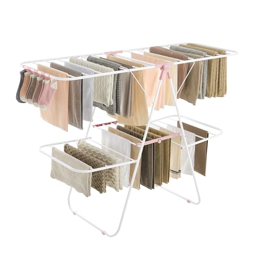 SONGMICS Clothes Drying Rack, Foldable 2-Level Laundry Drying Rack, Free-Standing Laundry Airer, with Height-Adjustable Wings, 33 Drying Rails, Sock Clips, White and Pink ULLR053P01V1 - color: White + Pink, size: 2 Tiers（22"d x 61.8"w x 64.3''h )