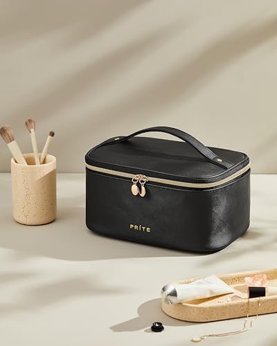 Prite Makeup Bag, Large Capacity Cosmetic Bag for Women and Girls, Waterproof PU Leather Travel Makeup Case, Toiletry Organizer with Handle and Divider for Skincare and Brushes - Black - color: Black