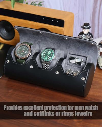 Watch and Cufflink Organizer for Men - Portable 2 Slot Display Storage Box With Velvet Holder for Large Watches, Rings - Travel Roll Case - color: Black 2 Slot Watch and 1 Slot Cufflink box