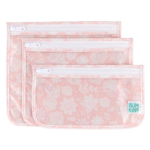 Bumkins Travel Bag, Toiletry, TSA Approved Pouch, Zip Bag, Quart Size Airline Compliant, Clear-Sided, Baby, Diaper Bag Organization, Makeup, Accessories, Packing, Set of 3 Sizes, Floral Gray - color: B4 Lace, style: Bumkins