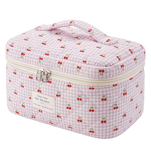 uekeboag Large Travel Quilted Makeup Bag for Women, Floral Cotton Cosmetic Bag, Coquette Aesthetic Floral Toiletry Organizer Bag - color: Checker Cherry