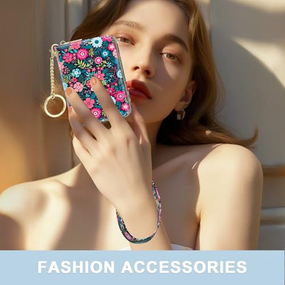 Aiawoxc Credit Card Holder, Small RFID Wallet Slim Leather Card Organizer Case with Zipper and Wristlet Strap, Elegant Flowers - color: B-Elegant Flowers, size: Wrist Strap