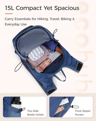ECOHUB 15L Lightweight Packable Hiking Backpack for Travel, Small Daypack with Chest Strap & Phone Pocket, Water Resistant Foldable Backpack for Men Women - color: Blue