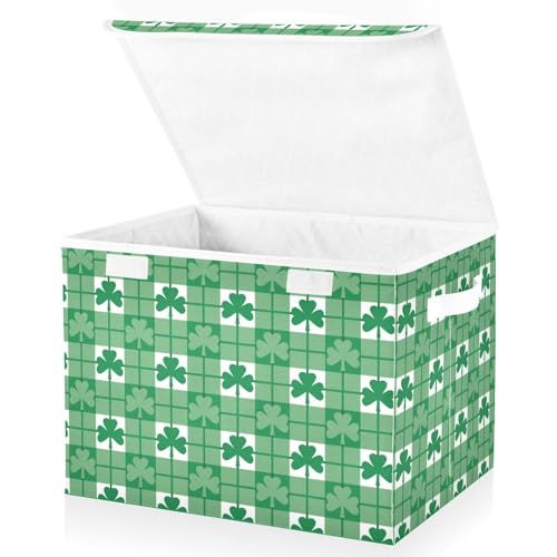 St. Patrick's Day Baskets Collapsible Storage Bins with Lids, St. Patrick's Day Green Shamrocks with Plaid Storage Boxes Clothes Baskets for Organizing - color: St. Patrick's Day