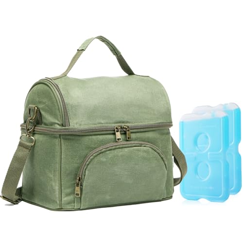 Waxed Canvas Lunch Bag with 2 XL Ice Packs, Canvas Lunch Box, Lunch Cooler for Men Work, 10.5L 2 Compartments Insulated Leakproof Cooler Bags for Camping, Beach and Road Trips - color: London Green
