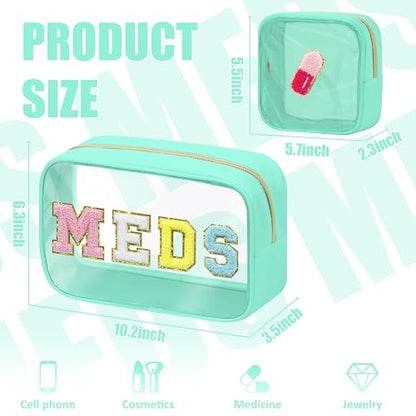 BuyCard 2 Pcs Medicine Chenille Letter Bag Preppy Clear Makeup Meds Pouch for Travel Nylon & PVC Transparent Cosmetic Bag Preppy Patch Toiletry Storage for Women Girls Green - color: MEDS-Green, style: 2 Pcs-clear