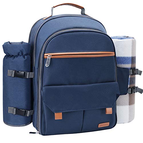 Sunflora Picnic Backpack for 4 Person Set Pack with Insulated Waterproof Pouch for Family Outdoor Camping (Navy Blue) - color: Navy Blue, size: 4 person