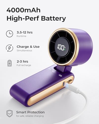 Portable Handheld Turbo Fan - 5 Gear High Speed 4000mAh Rechargeable Mini Personal Hand Fan Blow Cold Air, Battery Operated Travel Essentials, Beach Vacation, Gifts for Women, Men (Purple) - color: Purple