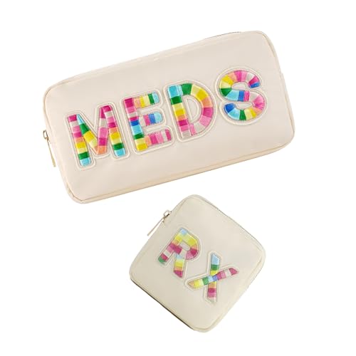 uekeboag 2Pcs Personalized Nylon Rx MEDS Cosmetic Bag, Cute Chenille Letter Patch Medicine Drug Pouch with Zipper,Preppy Makeup Travel Vitamin Bag for Women and Girls (RX+MEDS) - color: RX+MEDS