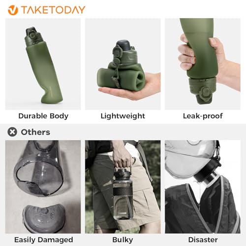 TakeToday Collapsible Water Bottles 32oz, Foldable Travel Bottle, TSA-Approved Leakproof Newly Silicone Water Bottle for Hiking, Travel, Outdoors, Green - color: Green