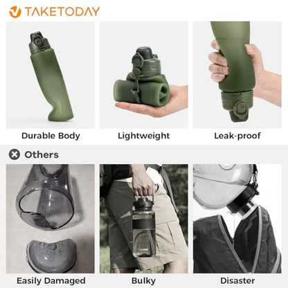 TakeToday Collapsible Water Bottles 32oz, Foldable Travel Bottle, TSA-Approved Leakproof Newly Silicone Water Bottle for Hiking, Travel, Outdoors, Green - color: Green