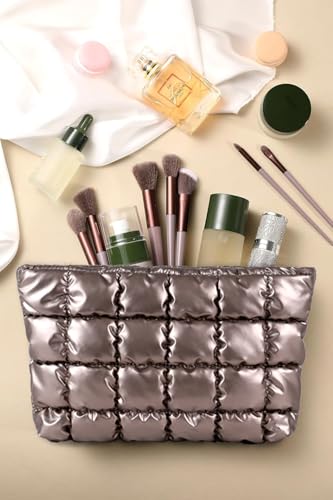 Puffy Quilted Makeup Bag, Cosmetic Bag, Travel Toiletry Organizer Pouch, Clutch for Women (Gold) - color: Gold