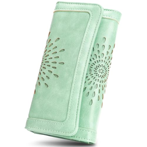 APHISON Womens Wallets RFID Blocking Leather Clutch Long Wallet for Women Card Holder Phone Organizer Ladies Travel Purse Hollow Out Sunflower Design Gift - color: A5-Peppermint Mambo Green