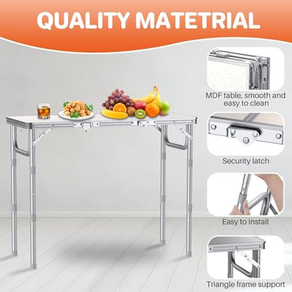 FUNYKICH 3ft Portable Folding Table with 3 Adjustable Height, 34.2'' Lx15.7'' W Camping Tables, Lightweight Aluminum Outdoor Picnic Table with Carry Handle for Car Camping, Outdoor Dining, Beach - size: 34.2''x15.7''x27.5''(White)