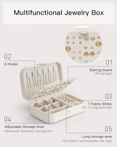 VLANDO Travel Jewelry Case for Women Girls, Gifts for Mother, PU Leather Small Jewelry Box for Rings, Necklaces, Bracelets, Earring Holder Organizer Storage for Travel Essentials - Beige - color: A.Beige