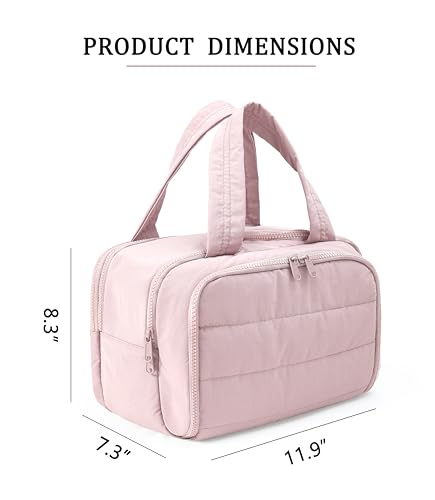 Travel Toiletry Bag for Women, Large Wide-open Puffy Cosmetic Makeup Bag with Wet-Dry Separation, Multi-Pocket Organizer with Carry Handle for Toiletries, Cosmetics, Essentials, Light Pink - color: Light Pink