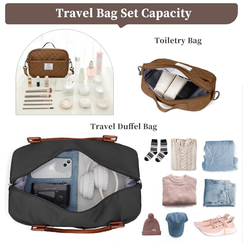 Weekender Bags for Women,Personal Item Travel Bag with Shoes Compartment,Overnight Travel Duffel Bag with Grid Toiletry Bag,Black & Brown - color: BlackBrown-2230, size: Large
