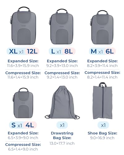 BAGSMART Compression Packing Cubes, 6 Set Packing Cubes for Suitcases, Lightweight Suitcases Organizers Bag Set & Compression Travel Cubes, Travel Essentials Packing Organizers - color: 04-Grey