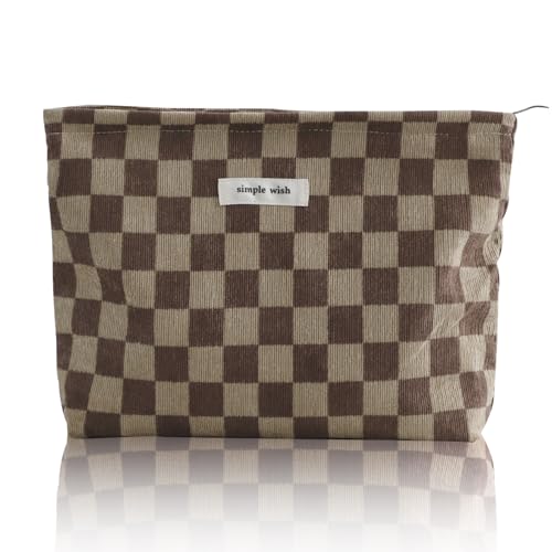 Wudygirl Travel Cosmetic Bag Checkered Makeup Bag Canvas Makeup Pouch for Women Toiletry Pouch Large Capacity Make up Organizer with Zipper Aesthetic (Brownish Checkered) - color: Brownish Checkered