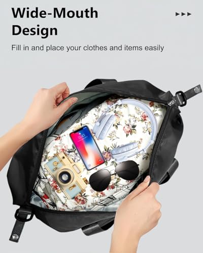 Foldable Travel Duffel Bag for Women, Black, Nylon | 40L Expandable, Carry on Bag Personal Item Flight Approved, Lightweight Water Resistant, Overnight Weekender Bag - color: Black