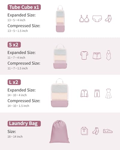 Narwey 6 Set Compression Packing Cubes for Travel Women Men, Travel Cubes for Carry On Suitcase, Durable Compression Luggage Organizer Bags - color: Dusty Rose