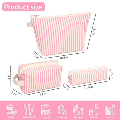 3 Pcs Canvas Makeup Bag Set Cosmetic Pouch for Women Travel Toiletry Bag Cute Makeup Organizer Purse Pouch Preppy Pencil Case with Zipper (Pink Pinstripes) - color: Pink Pinstripes