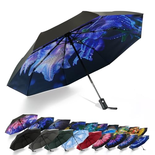 SY COMPACT Travel Umbrella - Windproof Automatic Compact Umbrella for Rain, Lightest 8-Rib, Small, Strong & Portable, Durable Grip, Fits Backpack & Car, Factory Direct (UV Available) - color: UPF-Bellflower