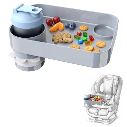 Car Seat Snack Tray for Kids, Mess-Free Square Travel Tray Cup Holder Snack Tray, Durable Car Food Tray for Toddlers, Universal Fit Kids Travel Road Trip Essentials (1, Grey) - color: grey