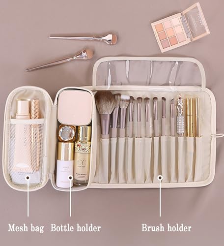 Travel Makeup Organizer, Foldable Roll-Up Cosmetic Storage Bag for Women (Beige) - color: Beige