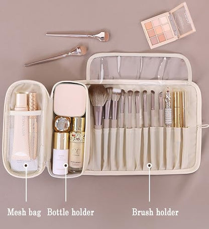 Travel Makeup Organizer, Foldable Roll-Up Cosmetic Storage Bag for Women (Beige) - color: Beige