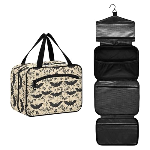 MNSRUU Hanging Toiletry Bags for Women Travel, Bats and Flowers Vintage Toiletry Organizer Portable Travel Clear Wash Makeup Cosmetic Bag - color: Bat I13854