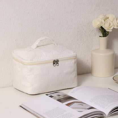 uekeboag White Shells Quilted Cotton Makeup Bag,Coquette Quilted Toiletry Bag for Women and Girls, Floral Coquette Organizer Bag, Aesthetic Travel Cosmetic Bags(White Shells Bag) - color: White Shells Bag