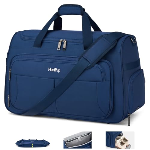 HanTrip Carry on Duffel Bag Foldable Duffle Bags for Travel, Large Personal Item Bags for Airplanes, Weekender Overnight Mens Travel Tote Bag for Women Softside Carry on Luggage (Blue) - color: Blue, size: Carry-on 21.5-Inch