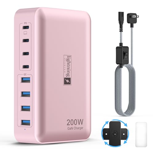8-Port USB C Fast Charger Block 200W with Flat Plug, Braided Power Cord, and On/Off Switch- USB Charging Hub for iPhone, iPad, MacBook and More- 65W C Port Power Adapter for Laptops - color: 200W Charger Pink