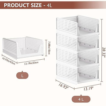 4 Pack Folding Closet Organizers Storage Box, Stackable Storage Bins, Plastic Drawer Basket Closet Storage for Wardrobe Cupboard Kitchen Bathroom Office White-4L - size: 4 PACK-L