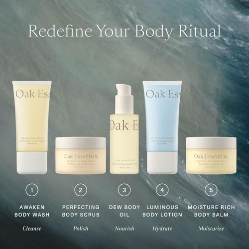 Oak Essentials Travel Body Routine, 5-Piece Body Care Set: Wash, Scrub, Lotion, Oil and Balm, Linen Bag Included, Gift Set for Women, TSA-Friendly Travel Sizes