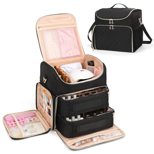 Extra Large Nail Polish Organizer Case Holds 86 to 100+ Bottles Organizer & Nail Lamp, Supply Storage Carrying Bag with 2 Removeable Pouches, Portable Nail Tech Travel Box (Black, 86 Slots) - color: Black, size: 86 Slots