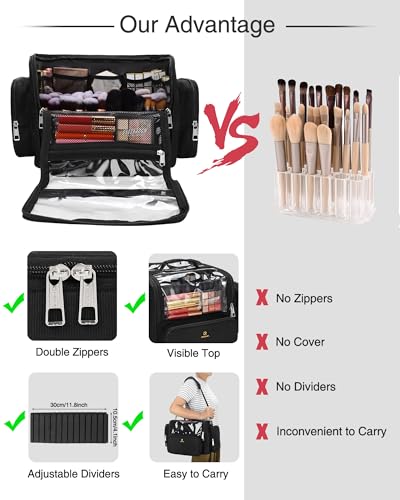 Makeup Brush Bag, Clear Makeup Brush Holder with Lid, Extra Large Capacity Travel Cosmetic Bag Makeup Artist Must Haves, Black Makeup Case, Make Up Organizers and Storage, with Adjustable Dividers - color: Black