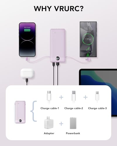 VRURC Portable Charger Built-in Cables and AC Wall Plug,USB C Power Bank 10000mAh, Travel Essentials Phone Charger Compact Lightweight External Battery Pack for Smart Phones, Tablets etc (Purple) - color: Purple