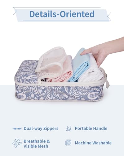 Narwey 6 Set Compression Packing Cubes for Travel Women Men, Travel Cubes for Carry On Suitcase, Durable Compression Luggage Organizer Bags - color: Y-Blue Leaf