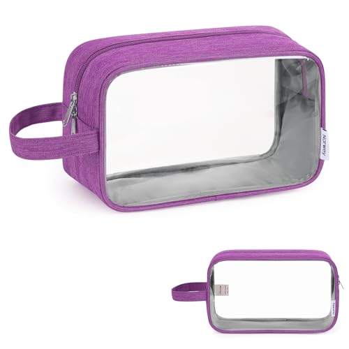 Narwey Clear Travel Toiletry Bags for Traveling Toiletries Men Women, Clear Makeup Bag Cosmetic Bag with Zipper, Make Up Pouch Organizer Bag with Handle, Skincare Beach Snack Medicine Bag, Purple - color: Clear-Purple