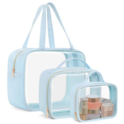 PACKISM Clear Makeup Bag Combo Pack, 1 TSA Approved Medium & Large/XL for Checked Luggage, Clear Toiletry Bag with Handle, Water-resistant Travel Essentials Organizer, Ice Blue - color: 05 Ice Blue, size: Full Vacation (Mixed Sizes)