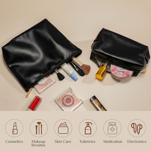 Kigeli 2 Pcs PU Leather Makeup Bag Set for Women Waterproof Aesthetic Cosmetic Bag Large & Small Travel Toiletry Organizer Pouch Skincare Organizer Bridesmaid Mother's Day Birthday Gift(Black) - color: Black